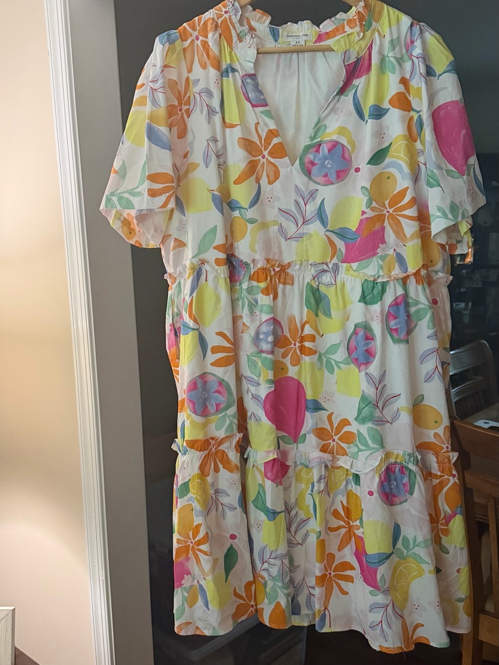 Chic Soul White Floral & Fruit Midi Dress in Pink, Orange, Yellow, Green